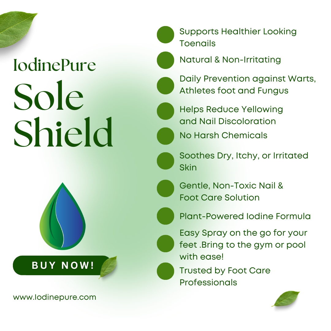 Advertisement for IodinePure Sole Shield with product benefits listed on a green background.