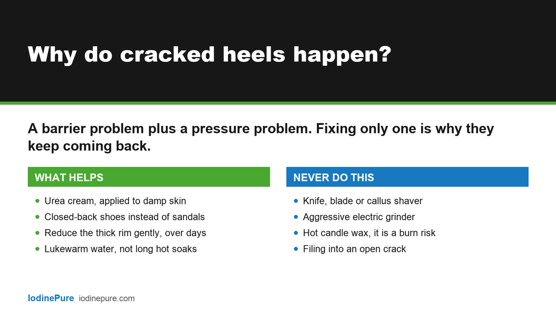 Answer card: why do cracked heels happen? Urea cream on damp skin and closed-back shoes help. Never use a knife, grinder or hot candle wax on a cracked heel.