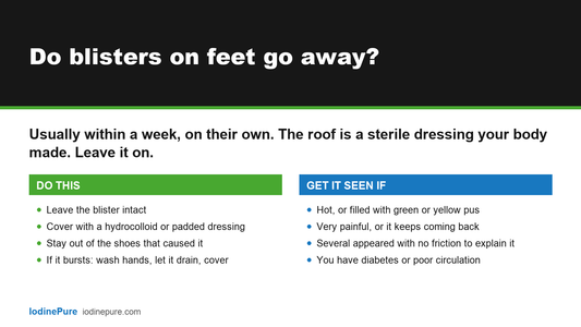 Answer card: do blisters on feet go away? Usually within a week. Leave the blister intact, cover it, stay out of the shoes that caused it. Get it seen if hot, full of pus or very painful.