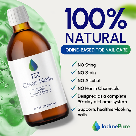 EZ Clear Nails 500ml bottle, two ingredient natural iodine with no alcohol and no harsh chemicals