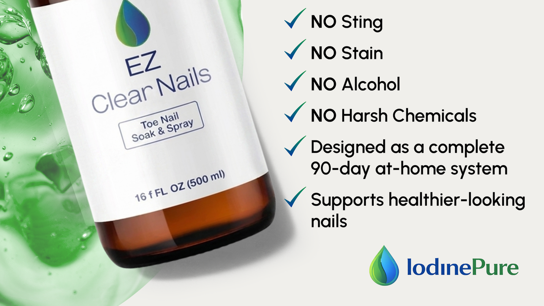 EZ Clear Nails 500ml bottle beside its formula points: no sting, no stain, no alcohol, no harsh chemicals