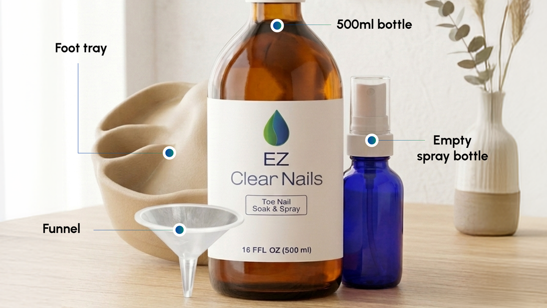 EZ Clear Nails kit contents labelled: the 500ml bottle, foot tray, funnel and empty spray bottle