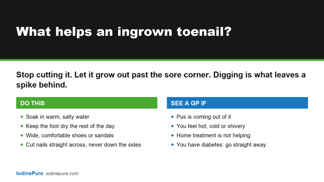 Answer card: what helps an ingrown toenail? Soak in warm salty water, keep the foot dry, wear wide shoes and cut nails straight across. See a GP if there is pus or a temperature.