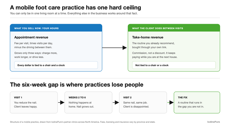 Diagram of mobile foot care practice revenue, appointment hours beside take-home commission, and the six week gap between visits