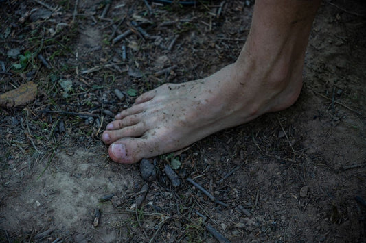 Bare feet standing on forest floor with leaves and twigs, representing barefoot walking and foot wellness outdoors