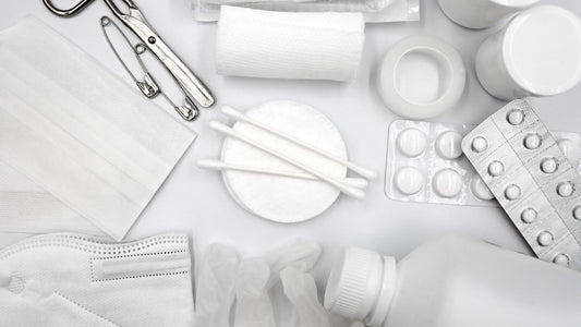 Flat lay of basic first aid supplies
