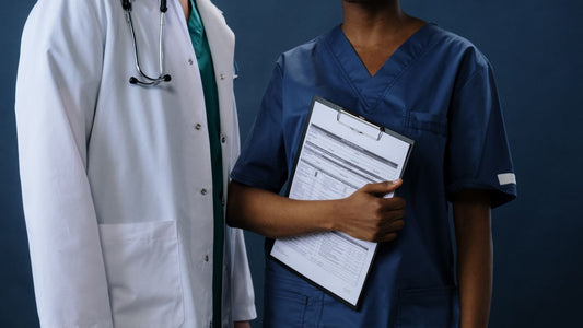Two healthcare professionals in scrubs at work