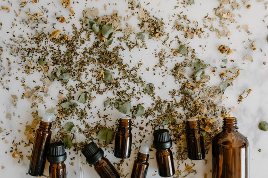 Glass bottles of essential oil arranged with scattered dried herbs on a white surface