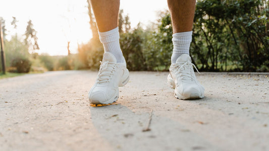 Legs in white trainers walking on a sunlit path