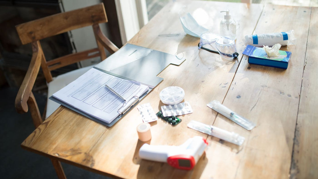 Medical antiseptic supplies laid out on a surface