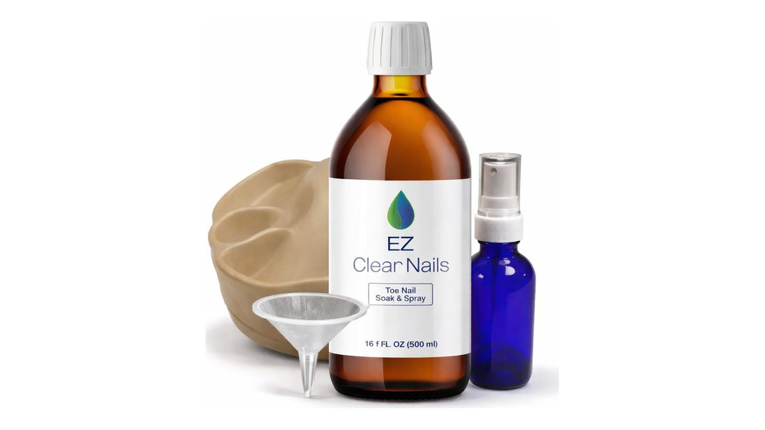 IodinePure EZ Clear Nails 90-day protocol kit with soak tray, 500ml solution, spray bottle and funnel