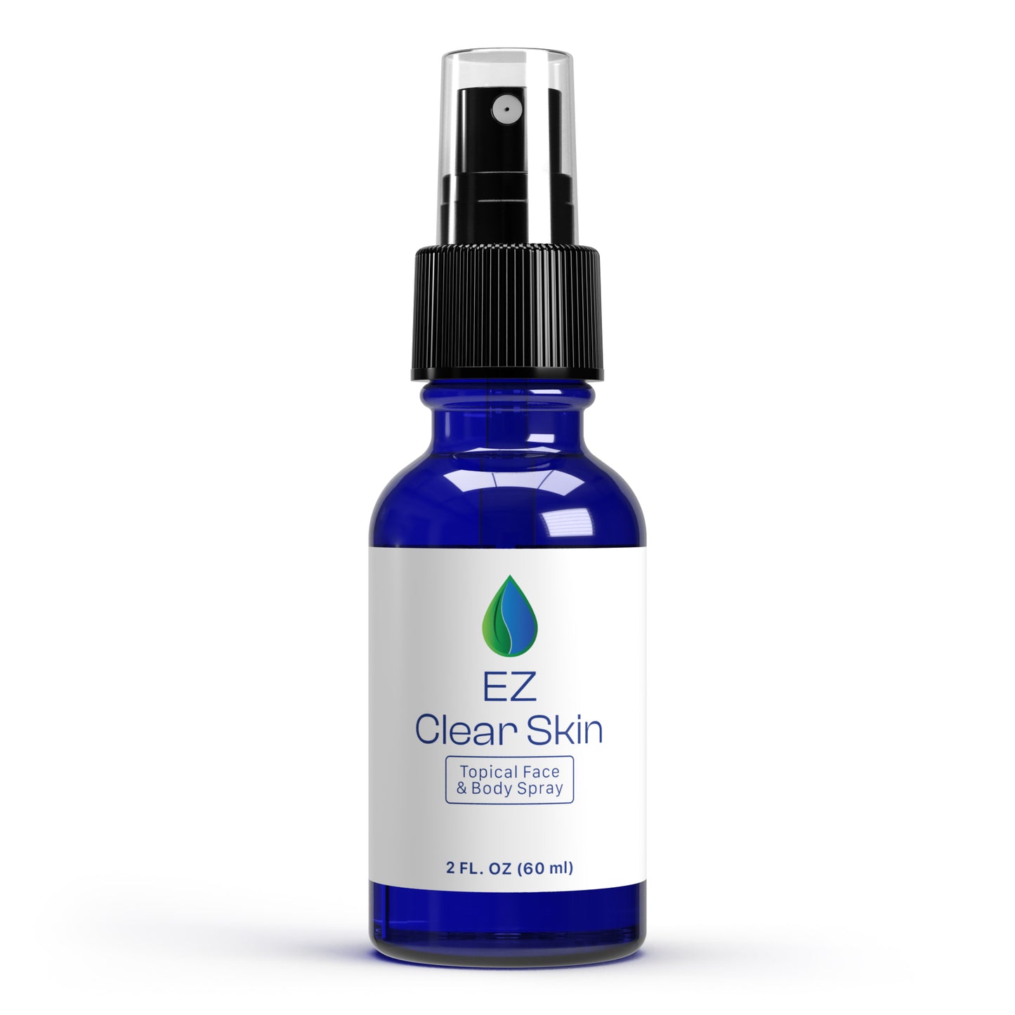 A blue bottle with a white label, spray nozzle, and the text 'EZ Clear Skin Iodine Spray' on it.