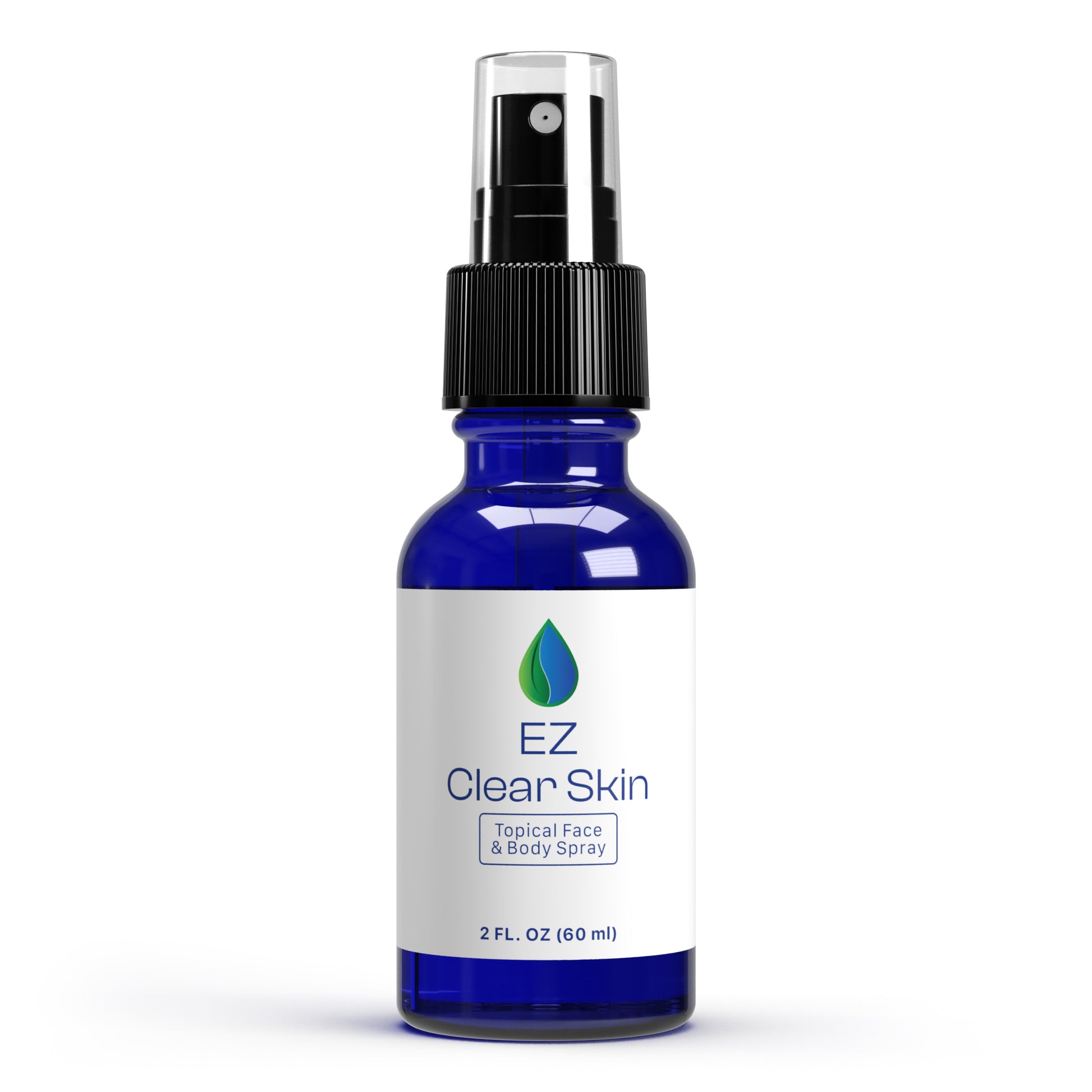 A blue bottle with a white label, spray nozzle, and the text 'EZ Clear Skin Iodine Spray' on it.