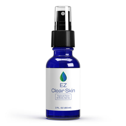 A blue bottle with a white label, spray nozzle, and the text 'EZ Clear Skin Iodine Spray' on it.