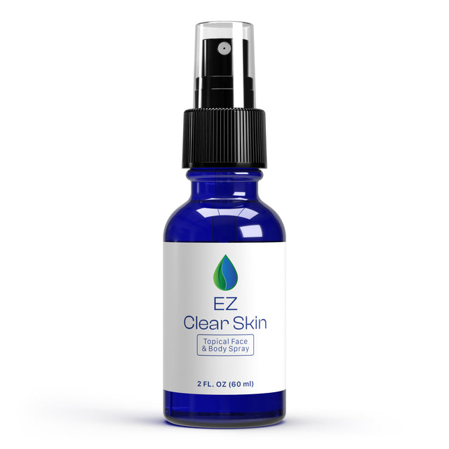 A blue bottle with a white label, spray nozzle, and the text 'EZ Clear Skin Iodine Spray' on it.