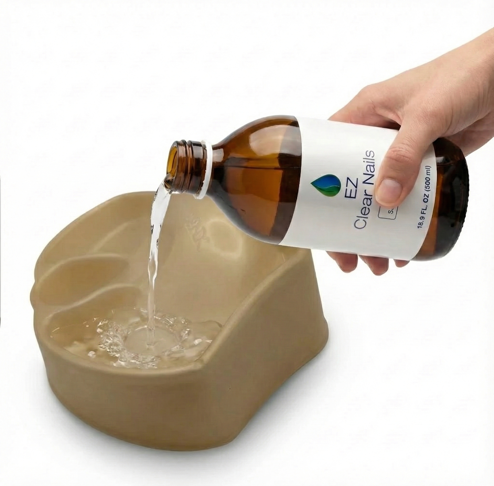 Hand pouring a liquid from a bottle labeled 'EZ Nails' into a beige container on a white background.