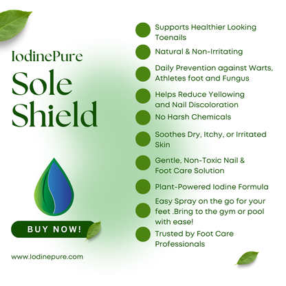 Advertisement for IodinePure Sole Shield with product benefits listed on a green background.