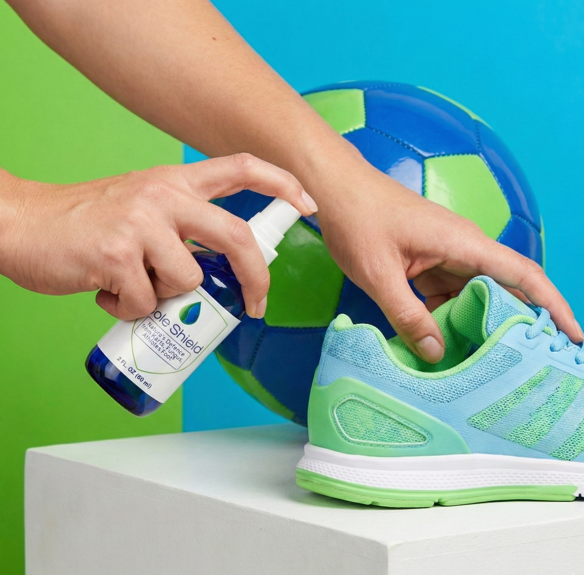 Person applying a spray to a green and blue shoe with a soccer ball in the background.