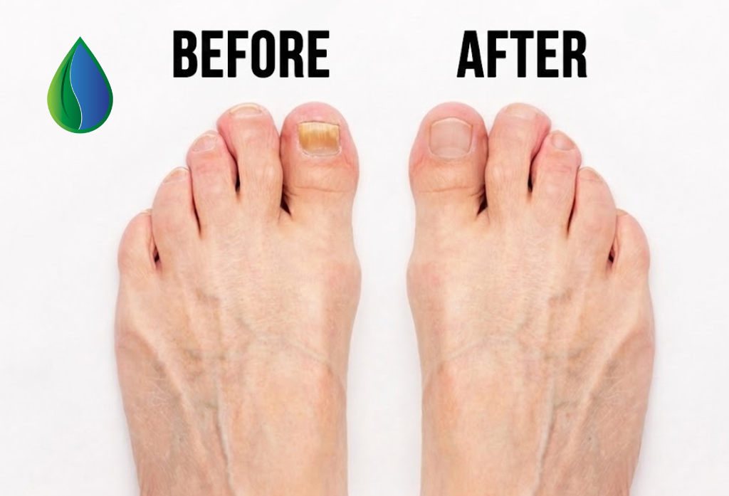 Before and after comparison of feet with foot fungus with a focus on foot care product.