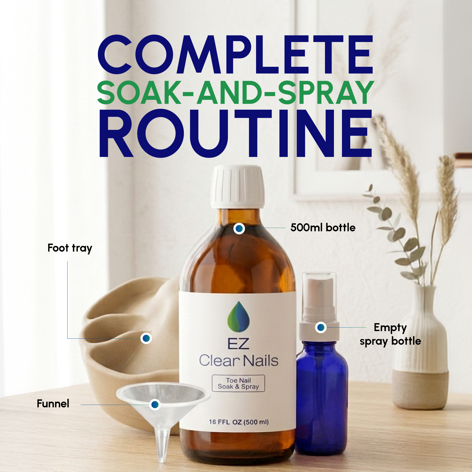 Complete soak and spray routine showing the 500ml bottle, foot soak tray, funnel and spray bottle included in the kit