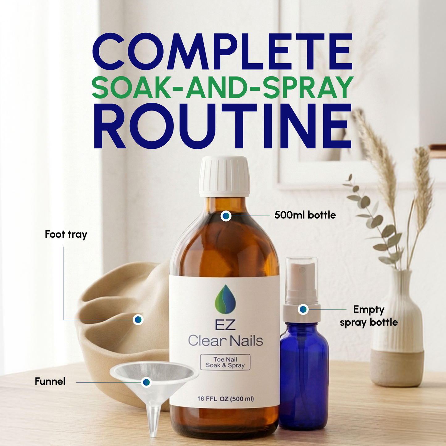 Complete soak and spray routine showing the 500ml bottle, foot soak tray, funnel and spray bottle included in the kit