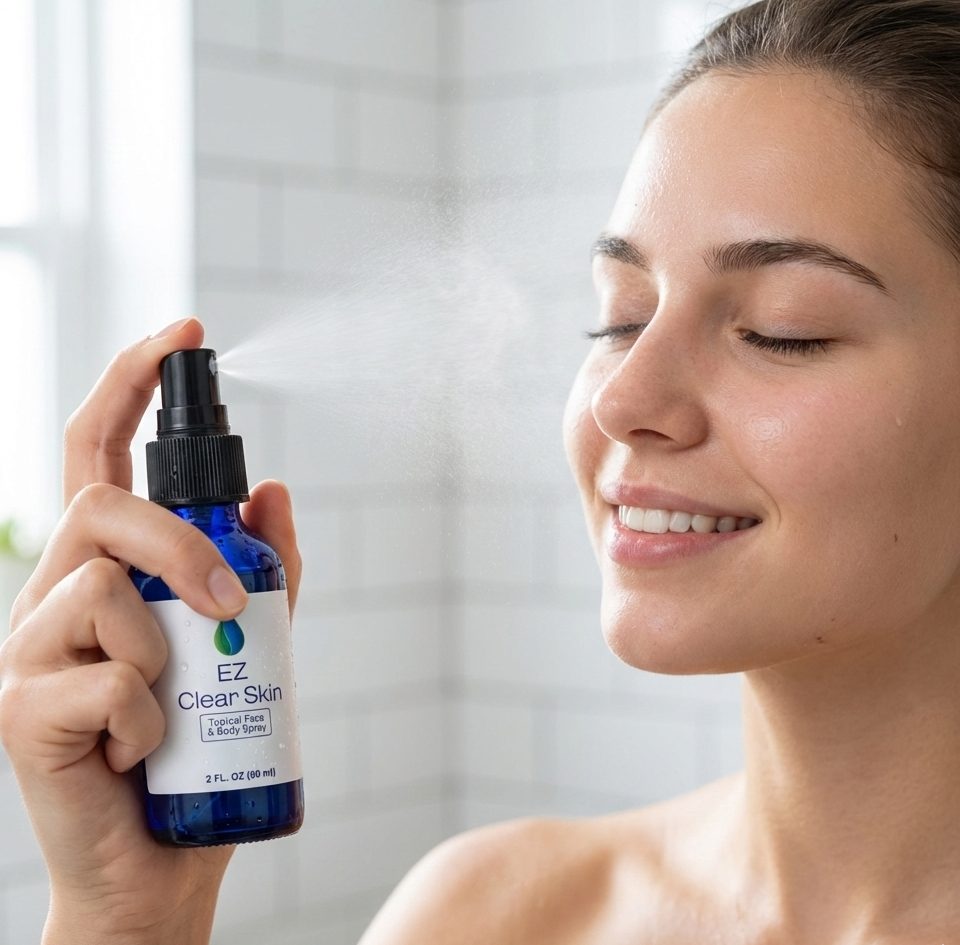 Woman using a bottle labeled 'EZ Clear Skin' to mist her face and help her skin.